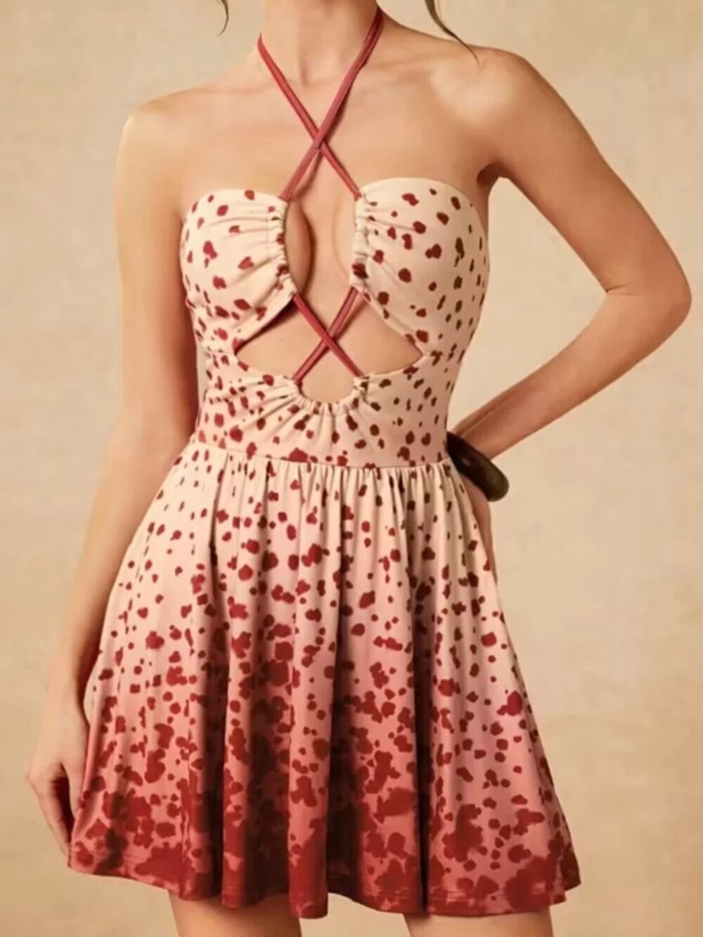 Boho Ombre Red Cami Cross-Neck Halter Dress
